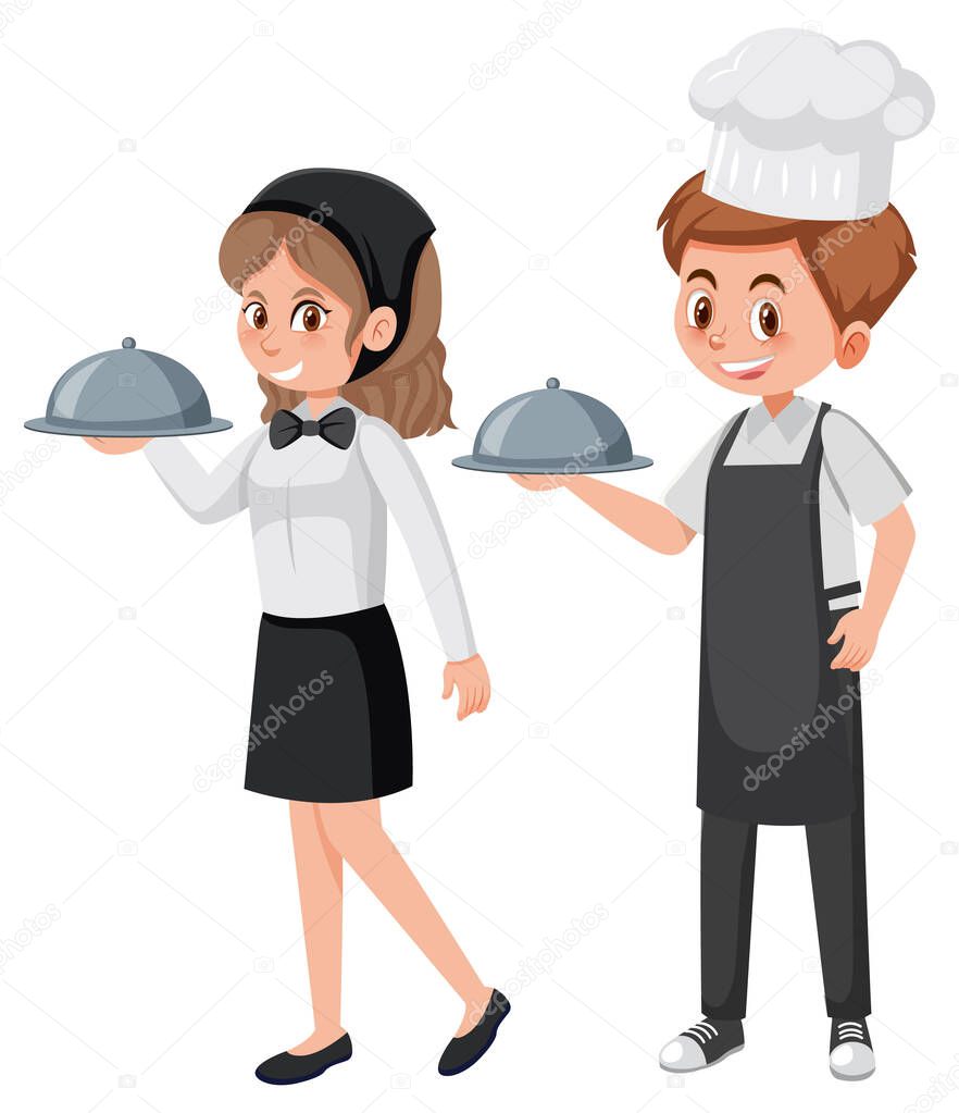 Waiter and waitress serving food illustration