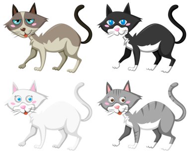 Dört farklı çizgi film kedisi çizimi