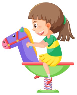 Çizgi filmdeki kız sallanan at resimlerine biniyor.