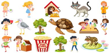 Farklı şirin çocuklar ve nesneler çizimi