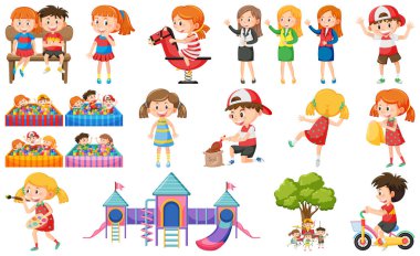 Bir grup sevimli çocuk ve nesne çizimi