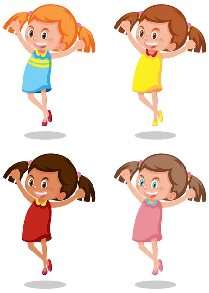 Conjunto Ilustración Personaje Dibujos Animados Chica Feliz Diferente — Vector de stock