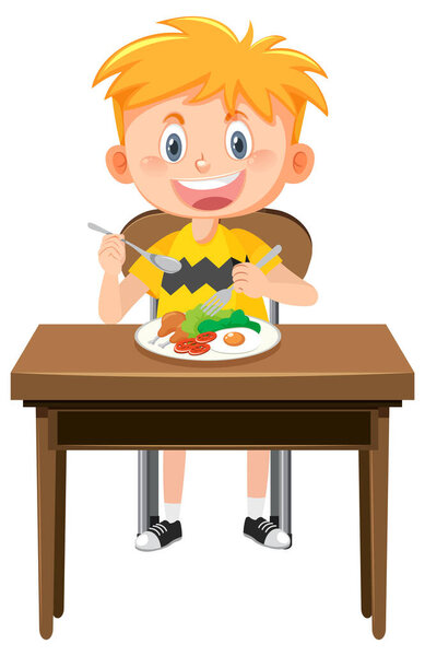 Happy boy eating healthy breakfast illustration
