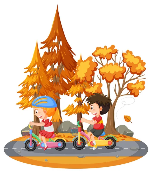 Дети Велосипеде Парке Иллюстрации — стоковый вектор