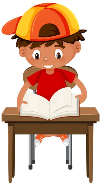 Boy Reading Book School Desk Illustration — Stock Vector