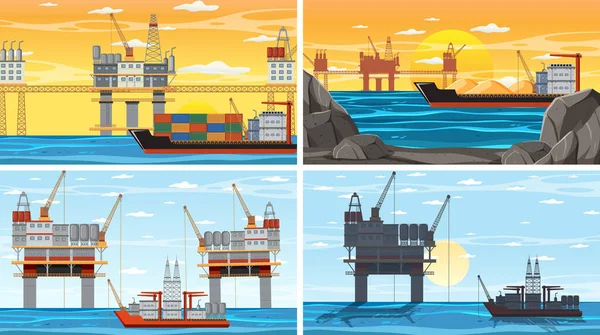 Quattro Diverse Scene Dell Industria Petrolifera Illustrazione — Vettoriale Stock