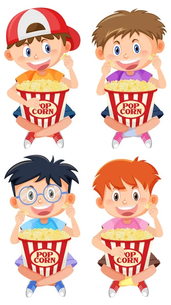 Różne Słodkie Chłopcy Jedzenie Popcorn Ilustracja — Wektor stockowy