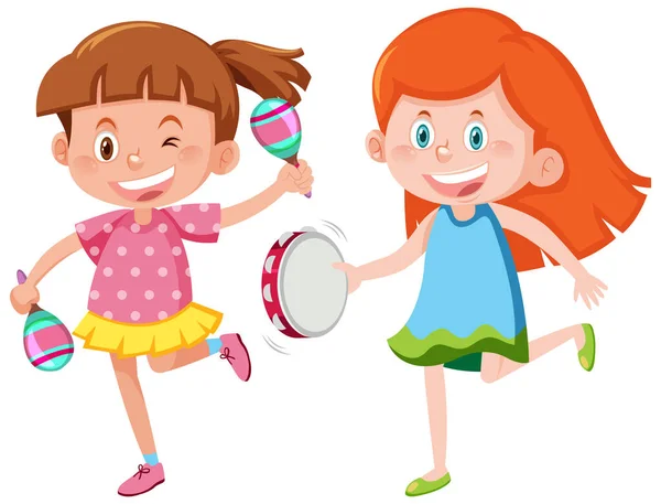 Zwei Mädchen Spielen Maracas Und Tamburin — Stockvektor