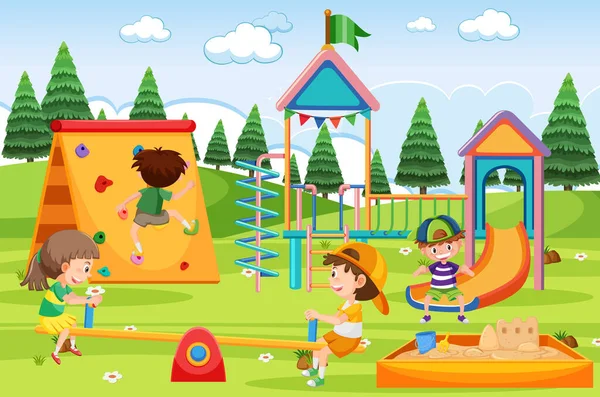 Kinder Spielen Auf Spielplatz Illustration — Stockvektor