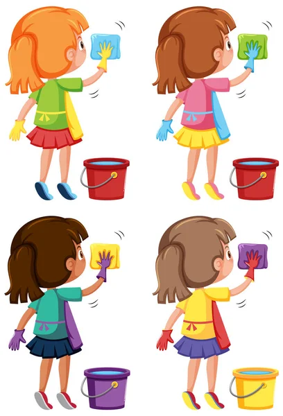 Σύνολο Κορίτσια Σκουπίζοντας Και Καθαρίζοντας Εικονογράφηση — Διανυσματικό Αρχείο