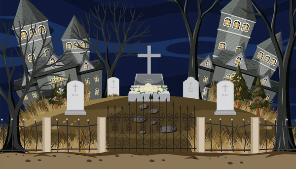 Kyrkogård Kyrkogård Natten Scen Illustration — Stock vektor