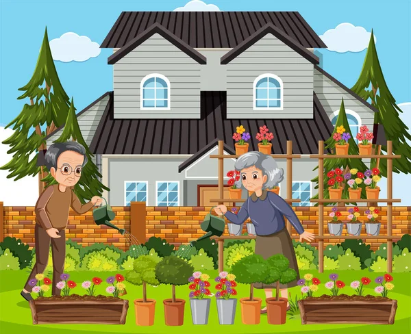 Elderly Couple Gardening Backyard Illustration — Stock Vector