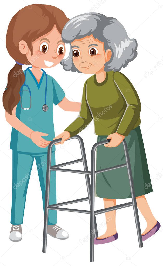 Elderly woman with walker and nurse illustration