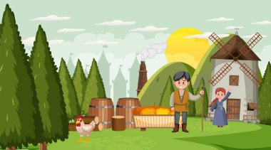 Köylülerin resimli olduğu ortaçağ kasaba çizgi filmi sahnesi