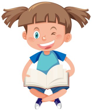Çizgi film stili resimlerle kitap okuyan mutlu bir kız.