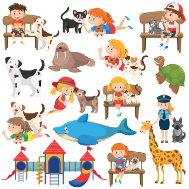 Farklı şirin çocuklar ve nesneler çizimi