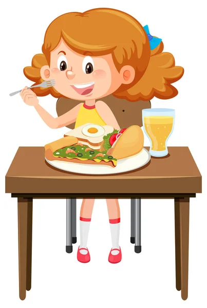 Happy Girl Aime Manger Nourriture Sur Illustration Table — Image vectorielle