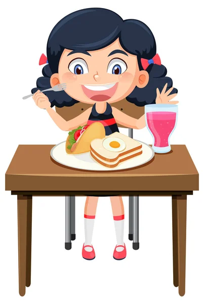 Menina Feliz Gosta Comer Comida Mesa Ilustração —  Vetores de Stock