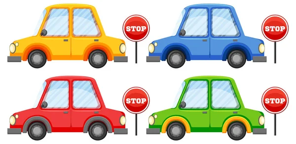 Four Cars Stop Signs Illustration — Stock Vector