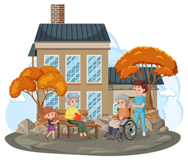 Elderly Couple Caregiver Front House Illustration — Stock Vector