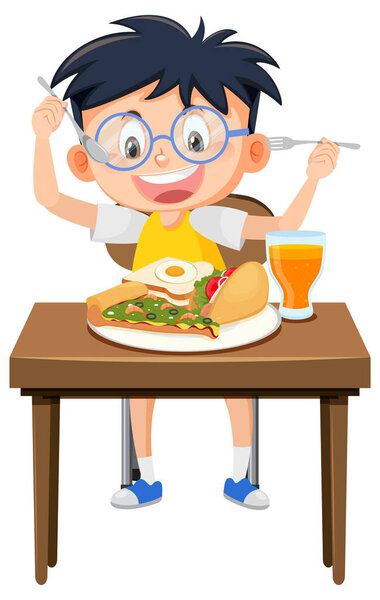 Happy boy enjoy eating food on table illustration