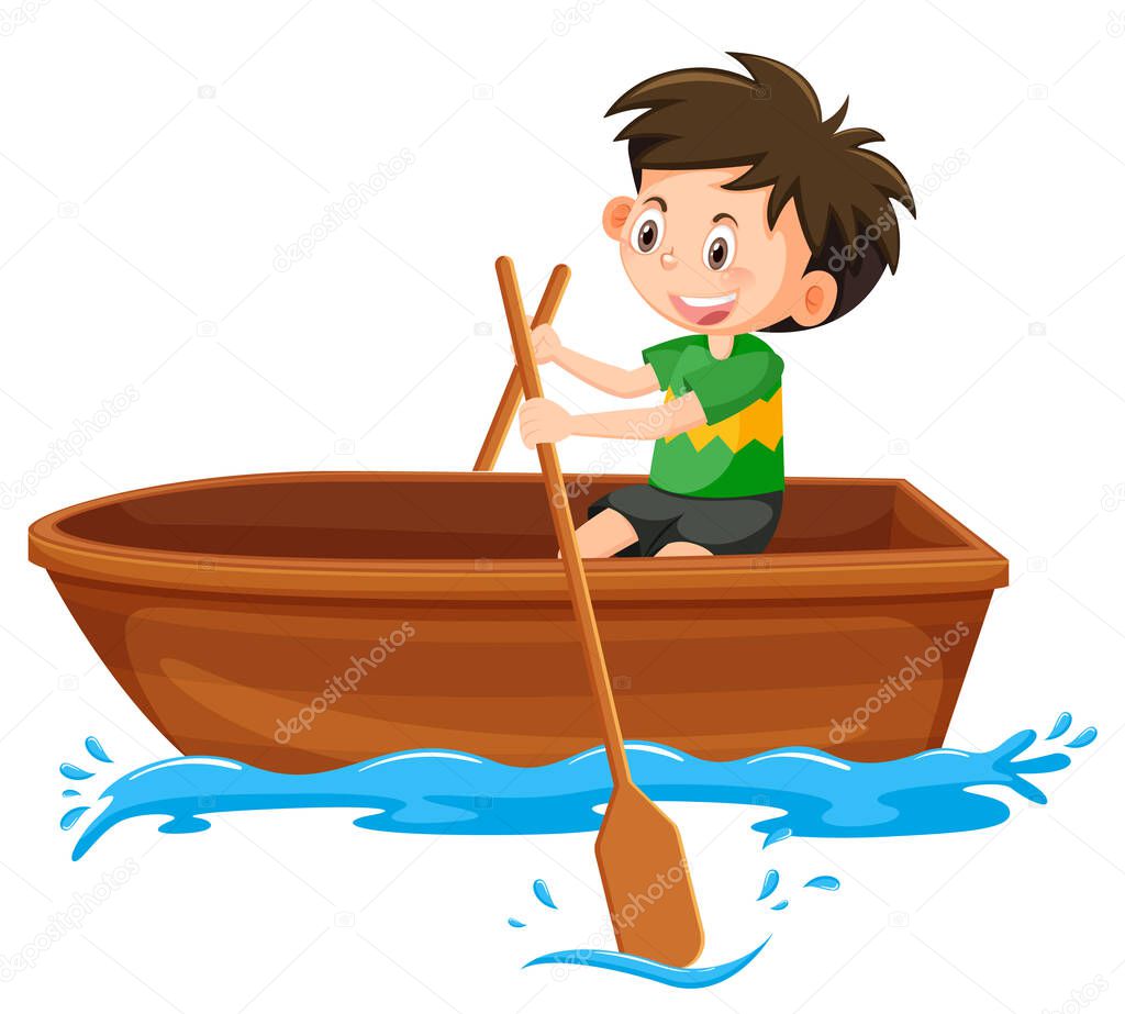 Boy paddle the boat on white background illustration