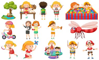 Bir grup sevimli çocuk ve nesne çizimi