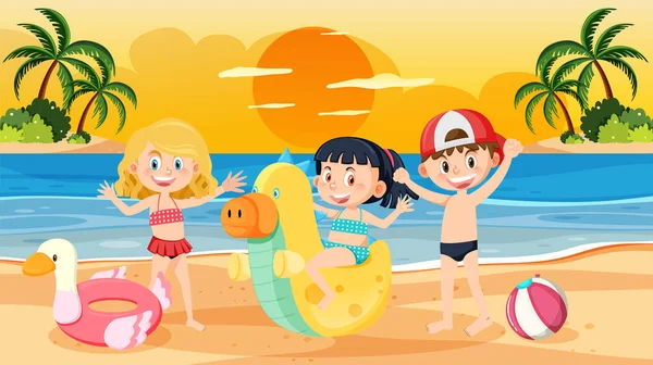 Niños Playa Vacaciones Verano Ilustración — Vector de stock