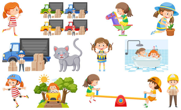 Set of cute kids and objects illustration