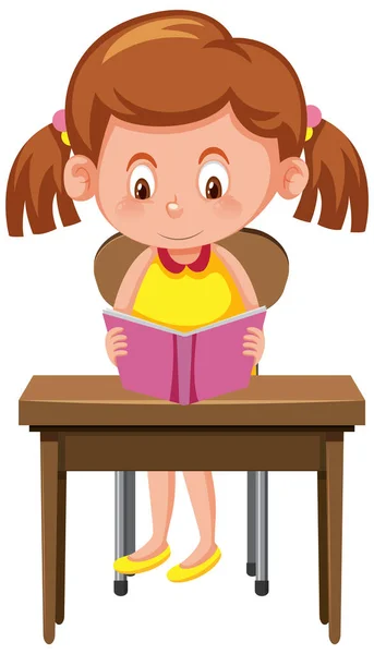 Girl Reading Book School Desk Illustration — Stock Vector