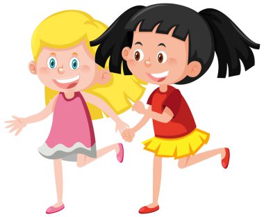 İki tatlı kız el ele tutuşup resim çiziyor.