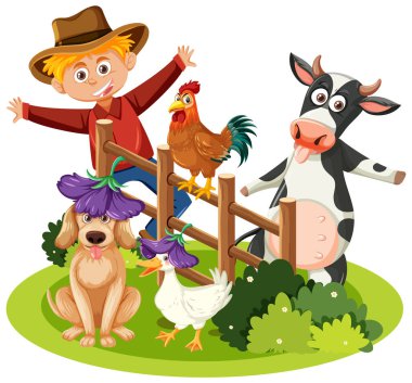 Çiftlik illüstrasyonunda hayvanlarla mutlu çiftçi