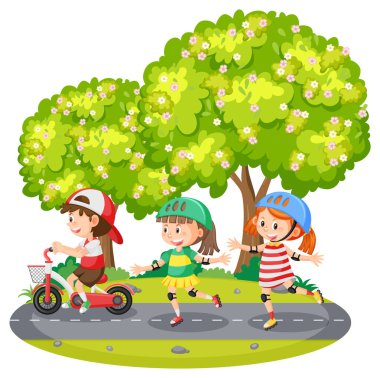 Park illüstrasyonunda paten kayan çocuklar.