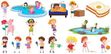 Farklı şirin çocuklar ve nesneler çizimi