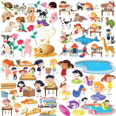 Farklı şirin çocuklar ve nesneler çizimi