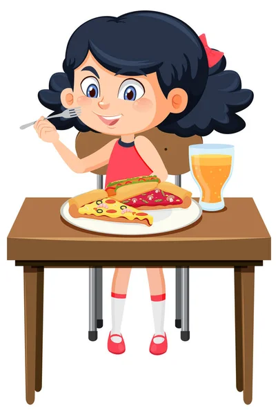Chica Feliz Disfrutar Comer Comida Ilustración Mesa — Vector de stock