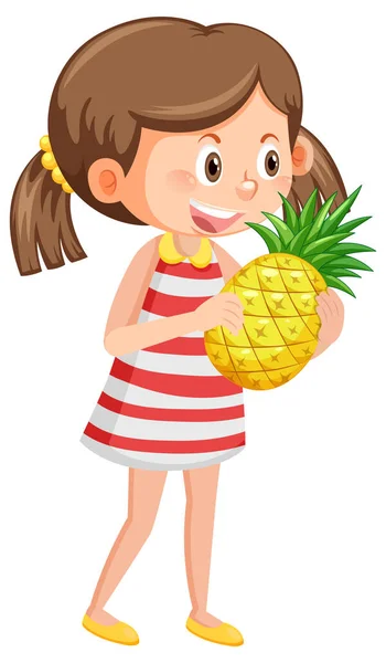 Ragazza Carina Che Tiene Ananas Sfondo Bianco Illustrazione — Vettoriale Stock