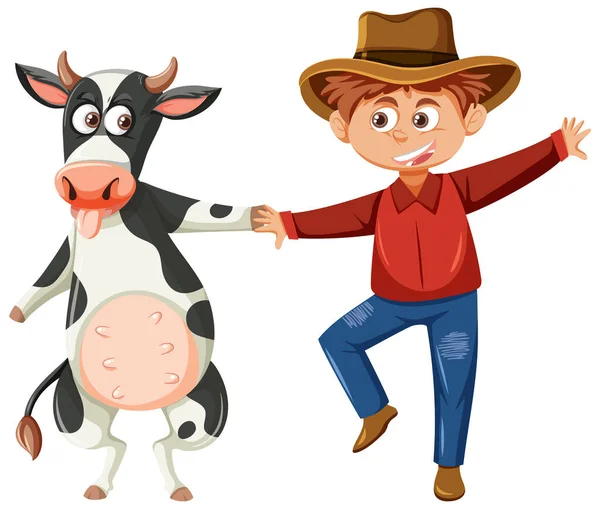 Farmer Ragazzo Mucca Cartone Animato Personaggio Illustrazione — Vettoriale Stock