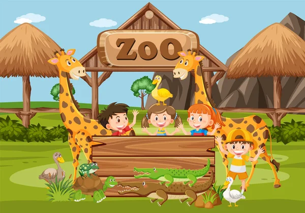 Niños Felices Ilustración Del Zoológico — Vector de stock