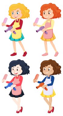 Set of different hairdressers holding tools illustration