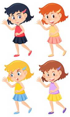 Set of different cute girls cartoon characters illustration