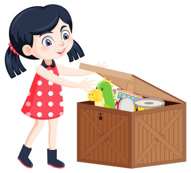 Oyuncağını kutunun içine koyan bir kız.