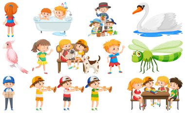 Bir grup sevimli çocuk ve nesne çizimi