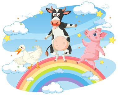 Farm animals standing on rainbow illustration