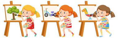 Girls painting on canvas cartoon illustration