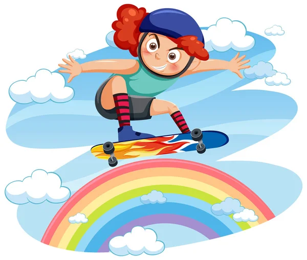 虹のイラストでスケートボードをしている女の子 — ストックベクタ
