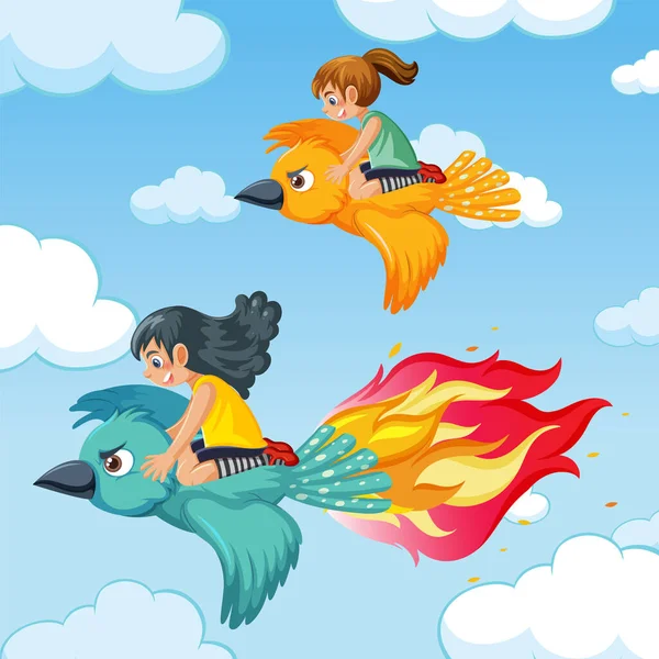 Girls Riding Flying Biard Racing Sky Illustration — Vector de stock