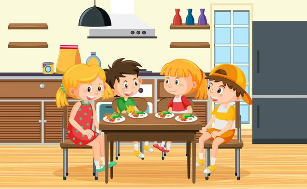 Children Having Meal Kitchen Illustration — Stock Vector