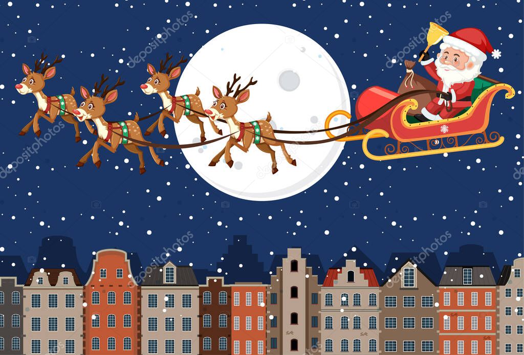 Christmas theme with Santa riding sleigh illustration