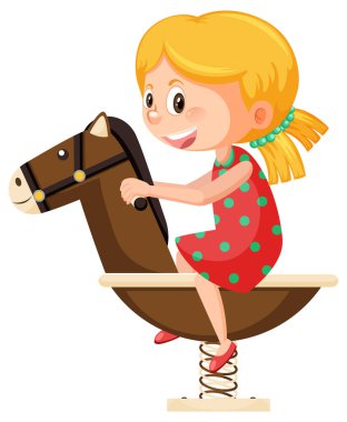 Çizgi filmdeki kız sallanan at resimlerine biniyor.